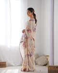 Off White Chinon Print with Mirror Work Designer Saree with Blouse