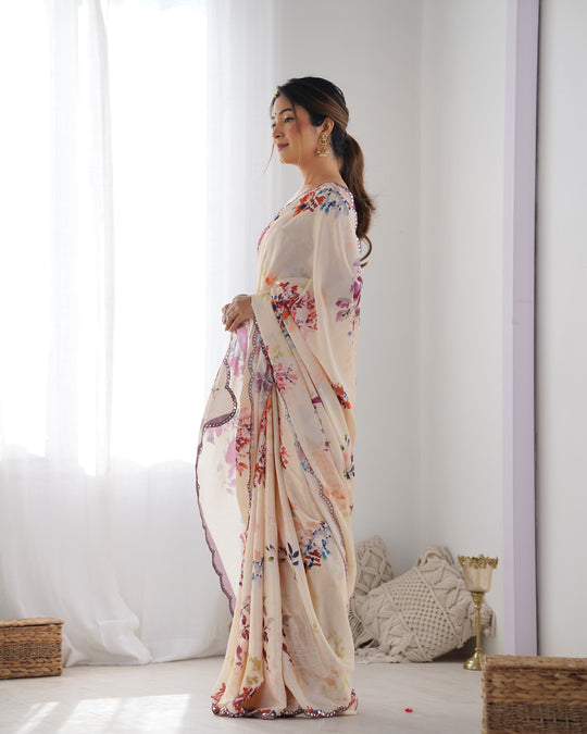 Off White Chinon Print with Mirror Work Designer Saree with Blouse
