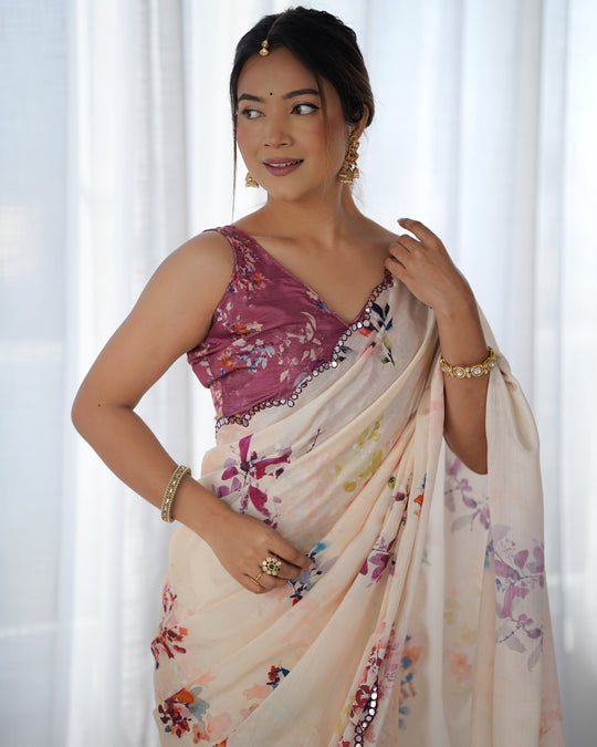 Off White Chinon Print with Mirror Work Designer Saree with Blouse