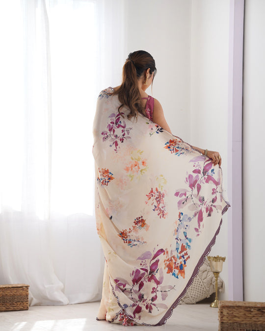 Off White Chinon Print with Mirror Work Designer Saree with Blouse