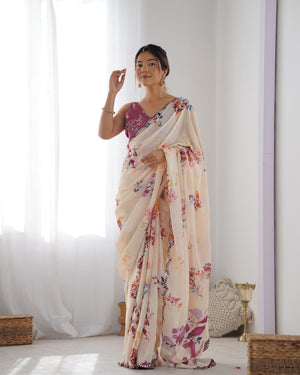 Off White Chinon Print with Mirror Work Designer Saree with Blouse
