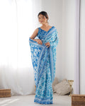 Sky Blue Chinon Print with Mirror Work Designer Saree with Blouse