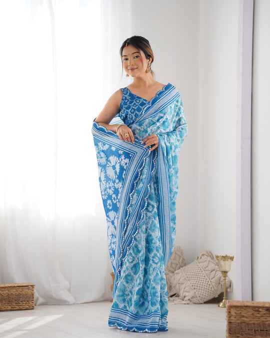 Sky Blue Chinon Print with Mirror Work Designer Saree with Blouse