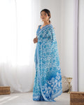 Sky Blue Chinon Print with Mirror Work Designer Saree with Blouse