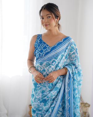 Sky Blue Chinon Print with Mirror Work Designer Saree with Blouse