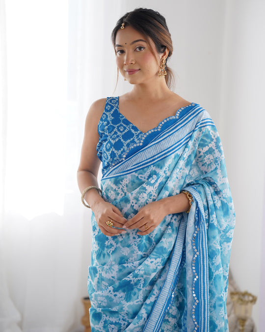 Sky Blue Chinon Print with Mirror Work Designer Saree with Blouse