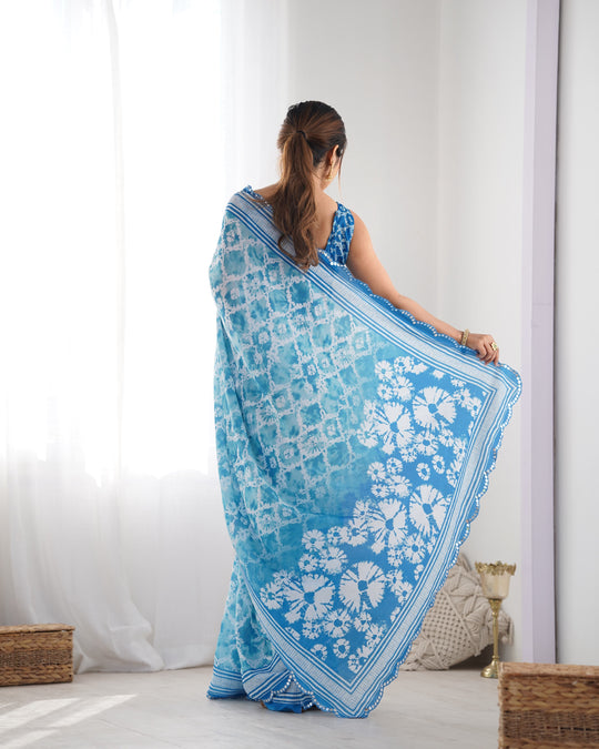 Sky Blue Chinon Print with Mirror Work Designer Saree with Blouse