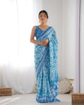 Sky Blue Chinon Print with Mirror Work Designer Saree with Blouse