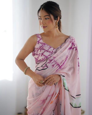 Peach Chinon Print with Mirror Work Designer Saree with Blouse