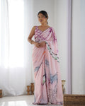 Peach Chinon Print with Mirror Work Designer Saree with Blouse