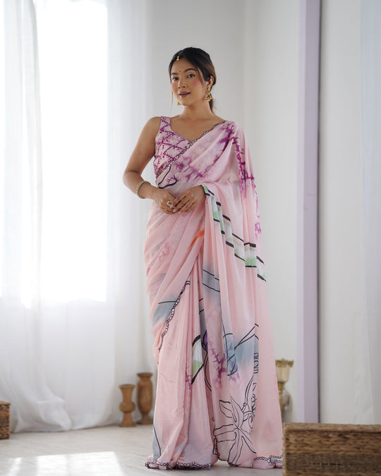 Peach Chinon Print with Mirror Work Designer Saree with Blouse