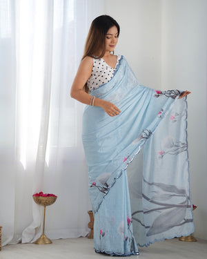 Sky Blue Chinon Print with Mirror Work Designer Saree with Blouse