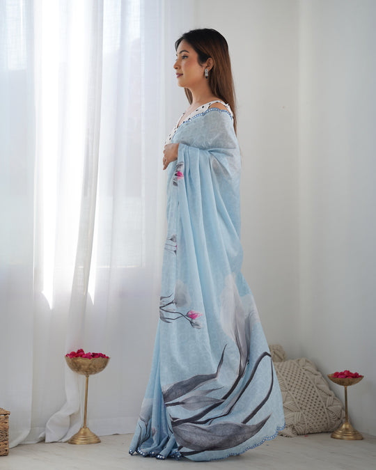 Sky Blue Chinon Print with Mirror Work Designer Saree with Blouse