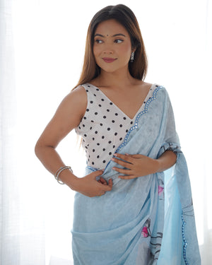 Sky Blue Chinon Print with Mirror Work Designer Saree with Blouse
