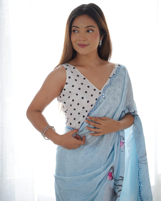 Sky Blue Chinon Print with Mirror Work Designer Saree with Blouse