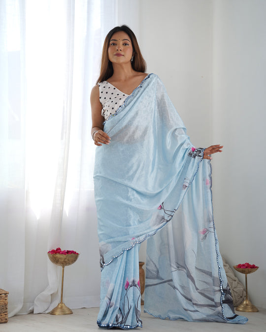 Sky Blue Chinon Print with Mirror Work Designer Saree with Blouse