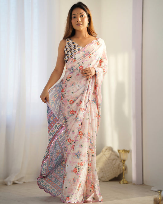 Peach Chinon Print with Mirror Work Designer Saree with Blouse
