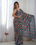 Teal Chinon Print with Mirror Work Designer Saree with Blouse