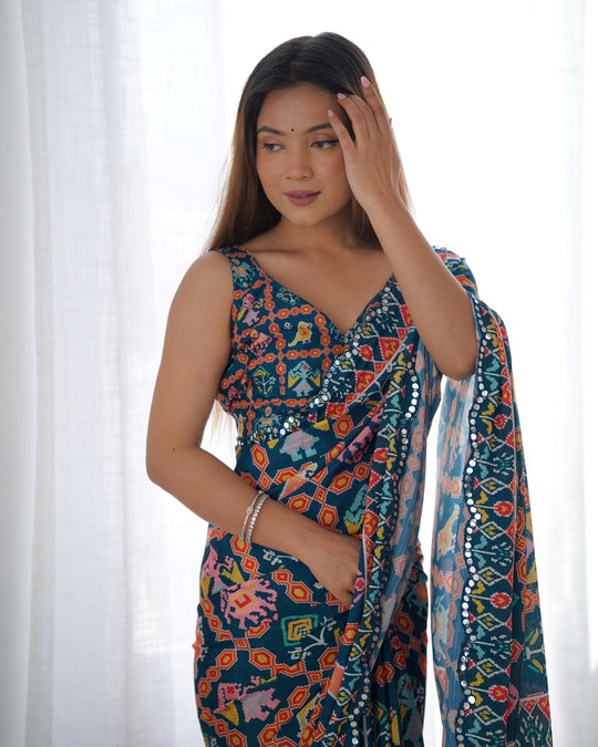 Teal Chinon Print with Mirror Work Designer Saree with Blouse