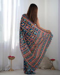 Teal Chinon Print with Mirror Work Designer Saree with Blouse