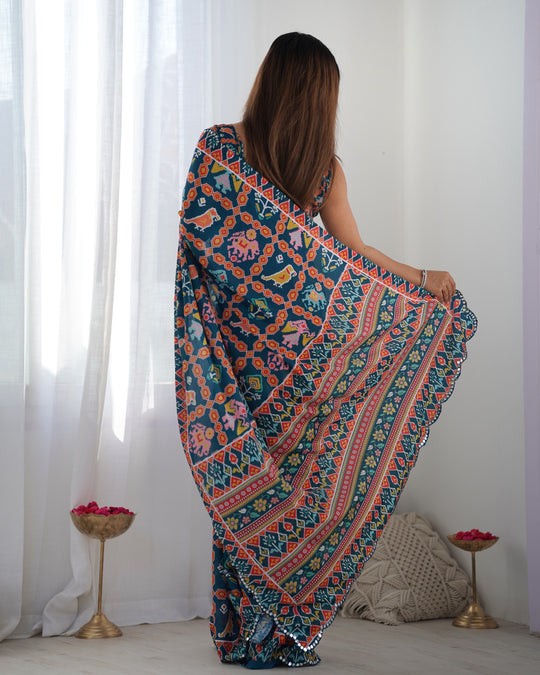 Teal Chinon Print with Mirror Work Designer Saree with Blouse