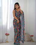 Teal Chinon Print with Mirror Work Designer Saree with Blouse