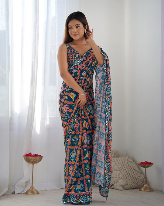 Teal Chinon Print with Mirror Work Designer Saree with Blouse
