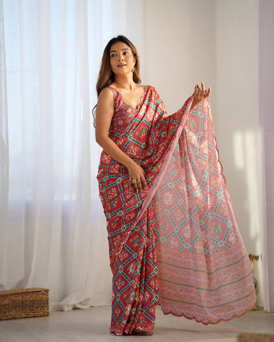Maroon Chinon Print with Mirror Work Designer Saree with Blouse
