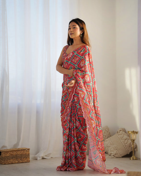 Maroon Chinon Print with Mirror Work Designer Saree with Blouse