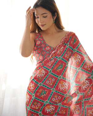 Maroon Chinon Print with Mirror Work Designer Saree with Blouse