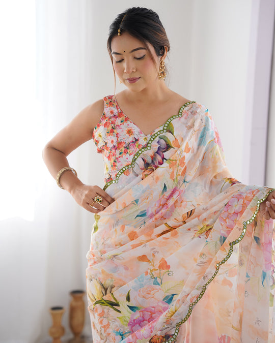 Multicolor Chinon Print with Mirror Work Designer Saree with Blouse