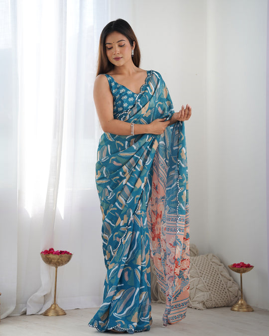 Blue Chinon Print with Mirror Work Designer Saree with Blouse
