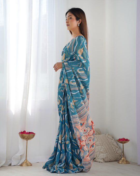 Blue Chinon Print with Mirror Work Designer Saree with Blouse