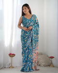 Blue Chinon Print with Mirror Work Designer Saree with Blouse