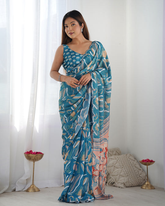 Blue Chinon Print with Mirror Work Designer Saree with Blouse
