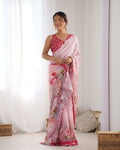 Pink Chinon Print with Mirror Work Designer Saree with Blouse