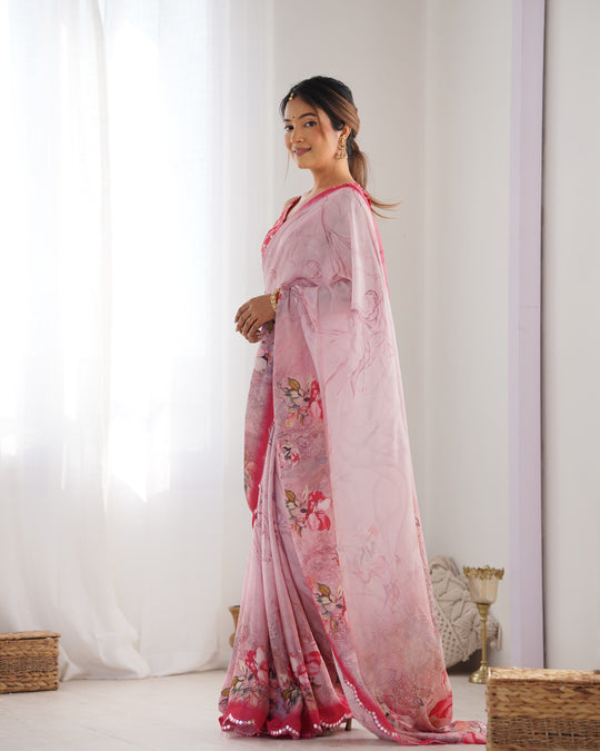 Pink Chinon Print with Mirror Work Designer Saree with Blouse