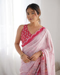Pink Chinon Print with Mirror Work Designer Saree with Blouse