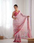 Pink Chinon Print with Mirror Work Designer Saree with Blouse