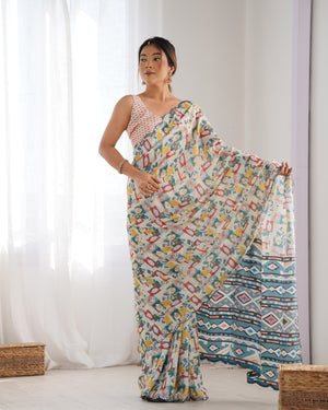 Multicolor Chinon Print with Mirror Work Designer Saree with Blouse