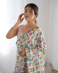 Multicolor Chinon Print with Mirror Work Designer Saree with Blouse