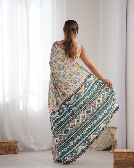 Multicolor Chinon Print with Mirror Work Designer Saree with Blouse