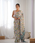 Multicolor Chinon Print with Mirror Work Designer Saree with Blouse