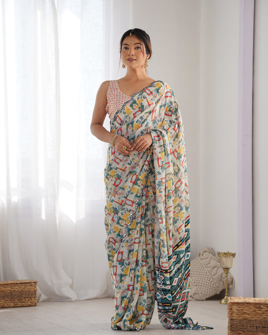 Multicolor Chinon Print with Mirror Work Designer Saree with Blouse
