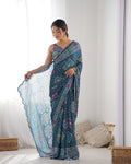 Multicolor Chinon Print with Mirror Work Designer Saree with Blouse