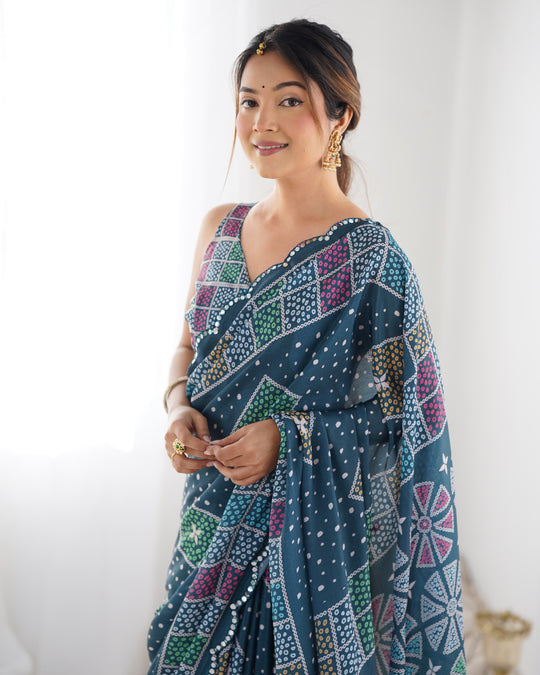 Multicolor Chinon Print with Mirror Work Designer Saree with Blouse