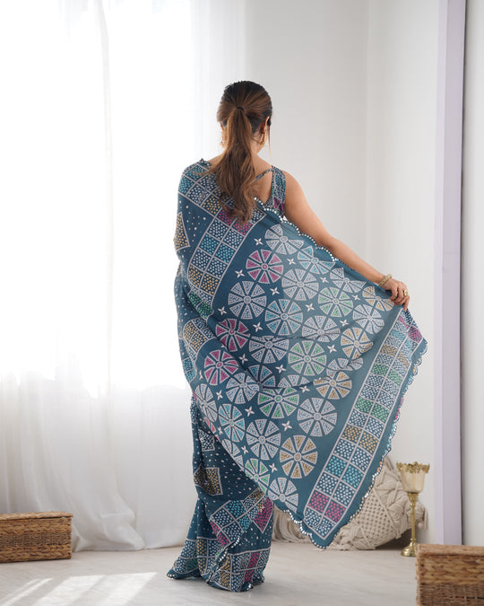 Multicolor Chinon Print with Mirror Work Designer Saree with Blouse