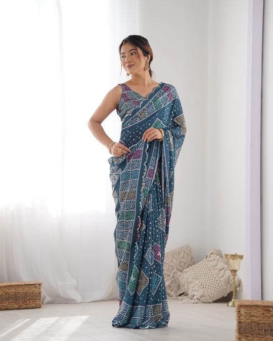 Multicolor Chinon Print with Mirror Work Designer Saree with Blouse