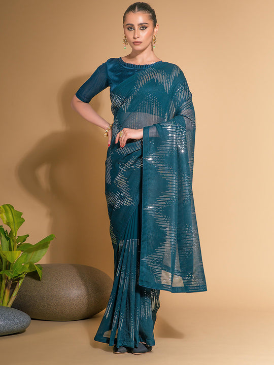 Blue Georgette Sequins Embroidered Designer Saree with Blouse