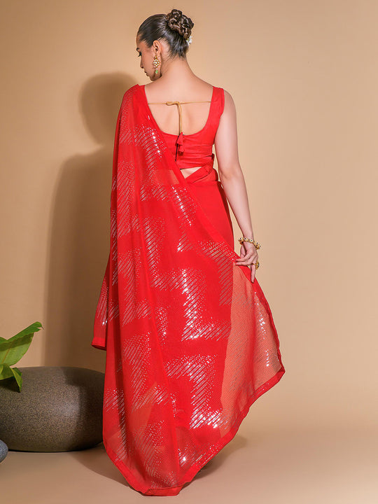Red Georgette Sequins Embroidered Designer Saree with Blouse
